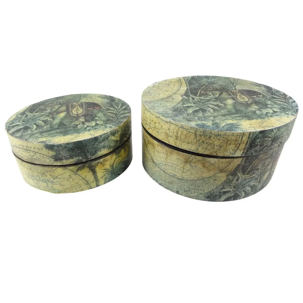 Vintage Elephant World Map Nesting Boxes Set of 2 Oval Crackle Finish Storage - Picture 2 of 3